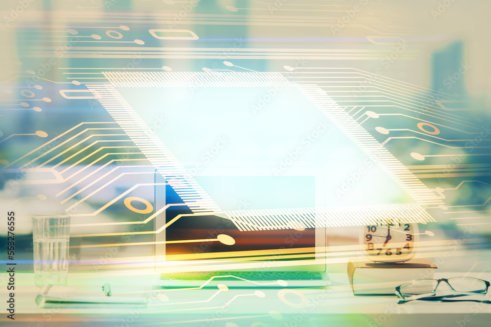 Aufkleber Multi exposure of table with computer on background and data theme drawing. Concept of innovation.