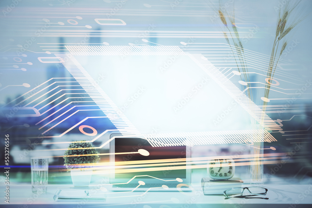 Poster Multi exposure of table with computer on background and data theme drawing. Concept of innovation.