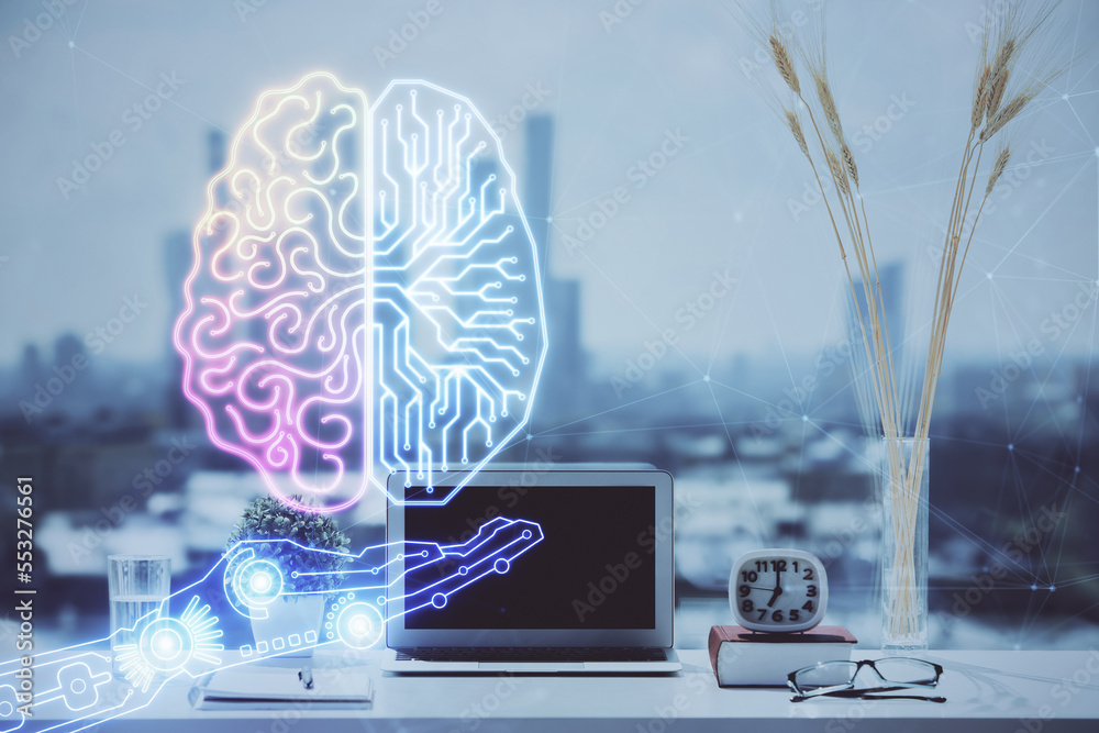 Poster Double exposure of desktop with computer and brain drawing hologram. Artificial intelligence concept.