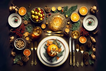 Top view background of festive dinner table while celebrating Christmas