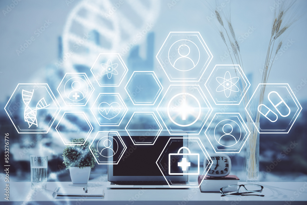 Poster desktop computer background and dna drawing. double exposure. science concept.