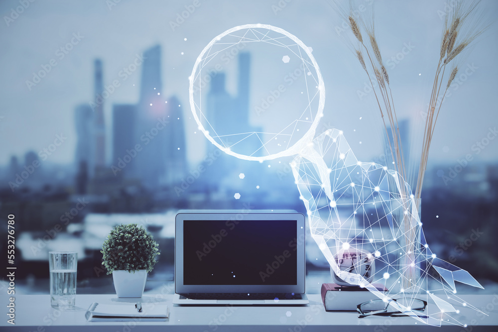 Poster Desktop computer background in office and start up theme hologram drawing. Double exposure. Startup concept.