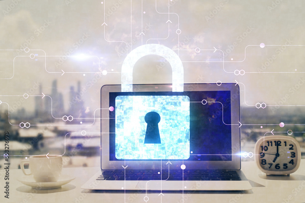 Poster Double exposure of desktop with computer and lock icon hologram. Concept of data safety.