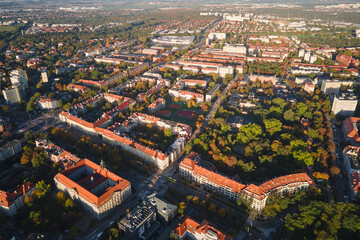 Bird eye view of residential buildings in city. Aerial view of Wroclaw cityscape in Poland. Architecture in modern Europe city