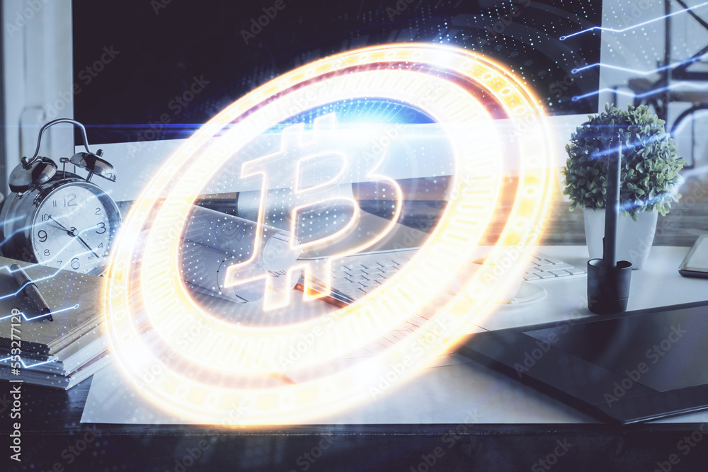 Poster multi exposure of blockchain and crypto economy theme hologram and table with computer background. c