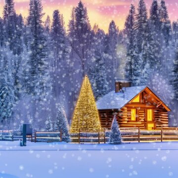 The log cabin, adorned with a gabled roof and a chimney emitting gentle wisps of smoke. A charming Christmas tree, adorned with twinkling lights and colorful ornaments, completes the scene.