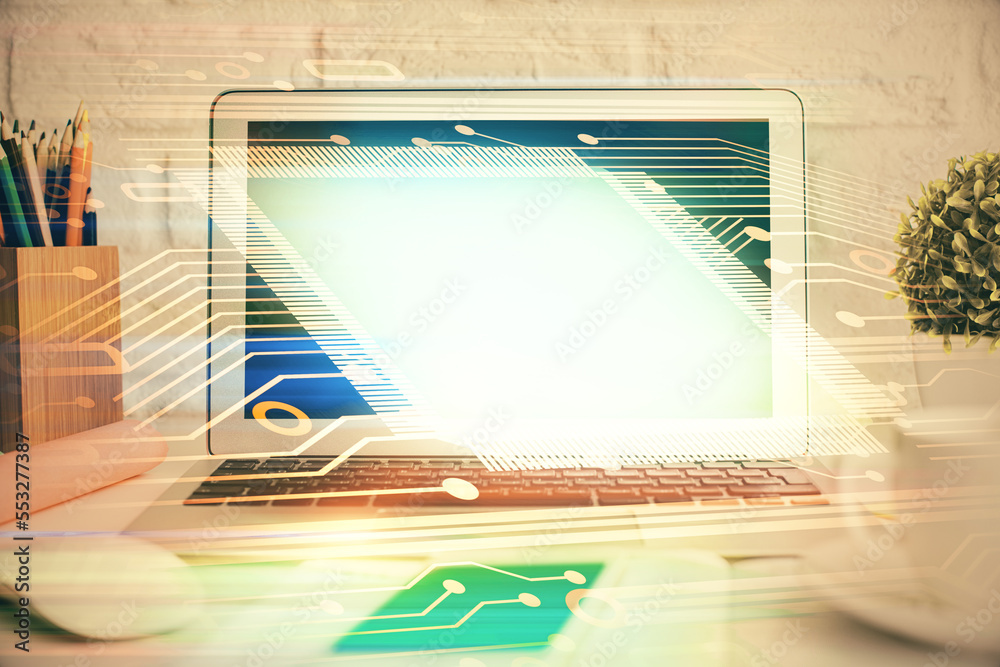 Poster Double exposure of desktop with personal computer on background and tech theme drawing. Concept of Bigdata.