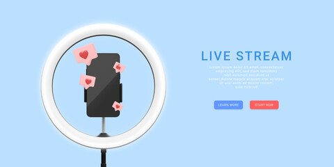 3d realistic live stream concept. Phone on tripod with light bulb and social icons. Vector illustration