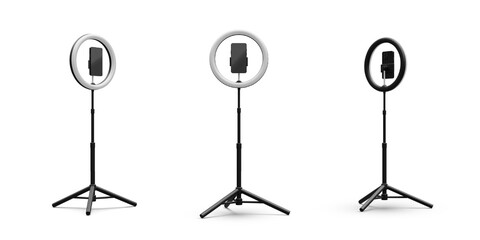 Set of 3d realistic phone on tripod with light bulb. Live stream concept. Vector illustration - obrazy, fototapety, plakaty