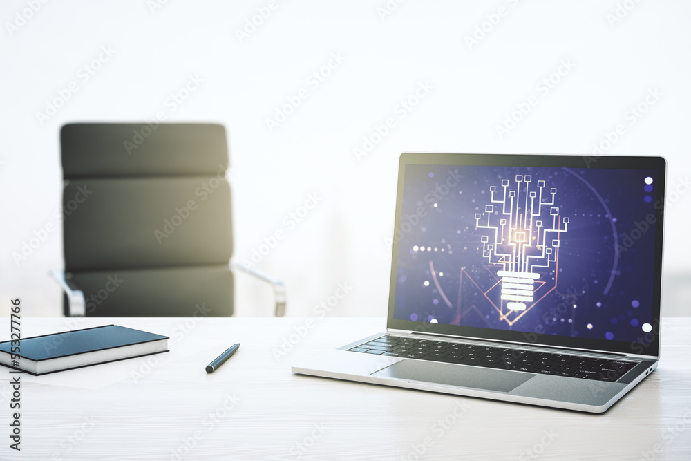 Leinwandbilder creative light bulb with chip hologram on modern laptop monitor, artificial intelligence and neural 