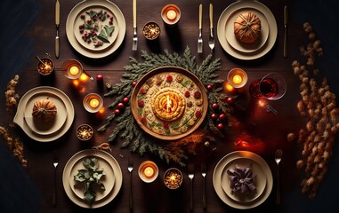 Top view background of festive dinner table while celebrating Christmas