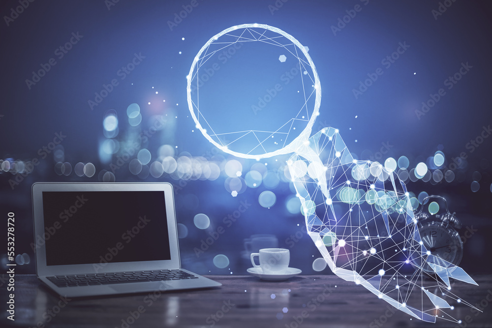 Poster Desktop computer background in office and start up theme hologram drawing. Double exposure. Startup concept.