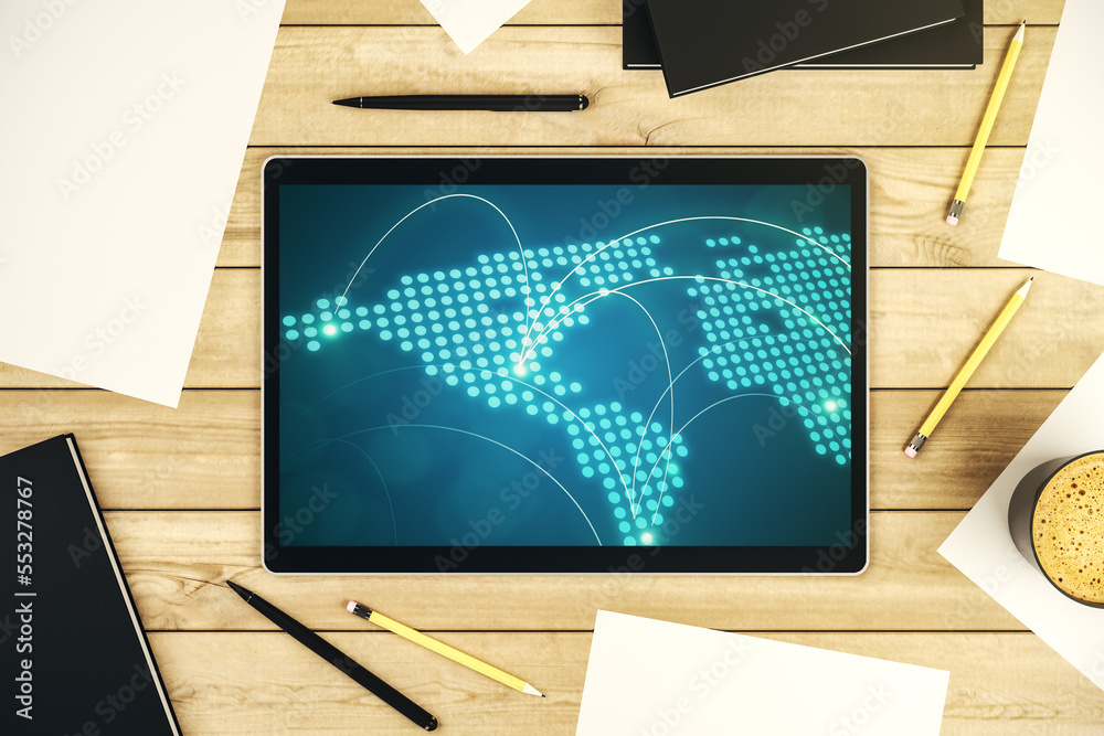 Poster abstract creative world map with connections on modern digital tablet screen, international trading 
