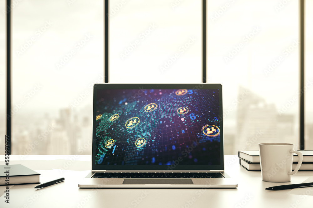 Poster Modern computer screen with social network icons concept and world map. Networking concept. 3D Rendering