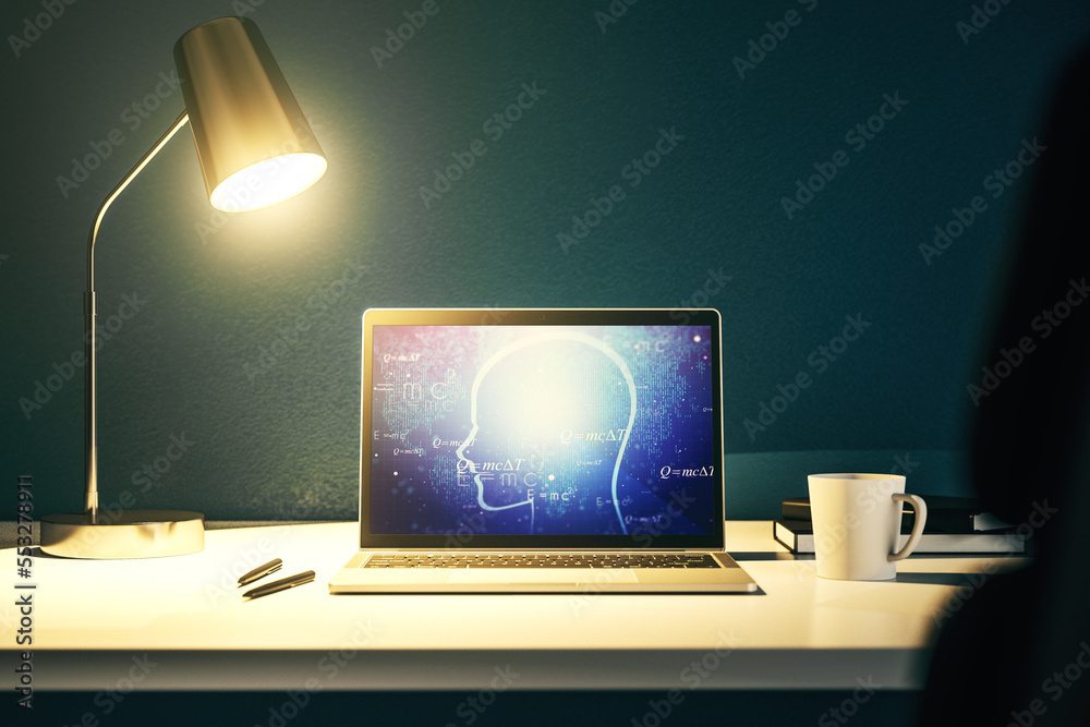 Poster Creative artificial Intelligence concept with human head sketch on modern computer monitor. 3D Rendering