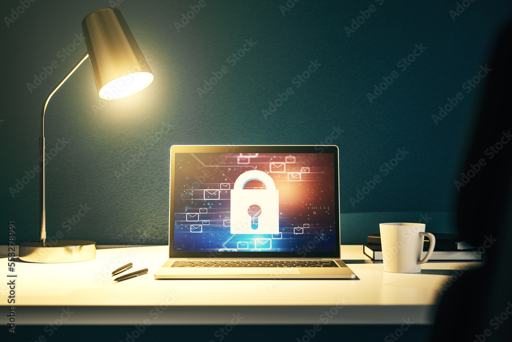Poster creative lock sketch with email symbols hologram on modern laptop monitor, protection of personal da