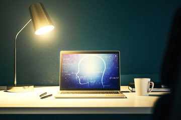 Creative artificial Intelligence concept with human head sketch on modern computer monitor. 3D Rendering