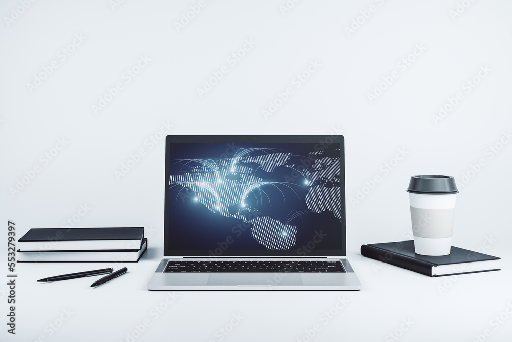 Leinwandbilder Modern computer monitor with abstract digital world map with connections, research and strategy concept. 3D Rendering