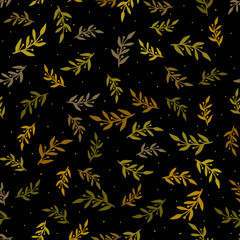 Abstract seamless pattern with small gold leaves, branches on black background.