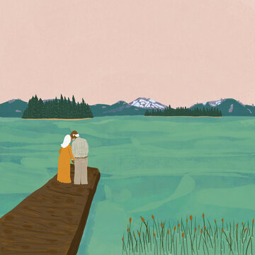 Vector picture of aged couple admiring lake from pier