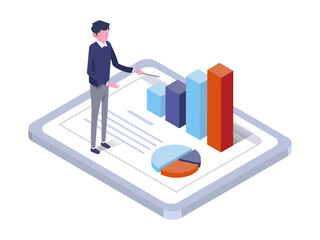 a isometric illustration of graph ,tabletPC ,smartphone and human