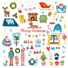 Naklejka premium Christmas big set. Christmas holiday decor elements. Vector illustration isolated on white background.