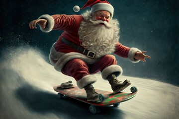 Santa Claus drive on the skateboard delivering gifts