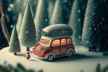 Snowy Winter Forest with miniature red car carrying Christmas Cookies
