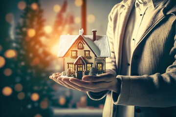 Real estate agent holding model of house and key in room decorated for Christmas. Concept of real estate