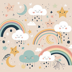 pattern with clouds and stars, boho rainbow pattern with modern pastel rainbows, background Vector seamless
