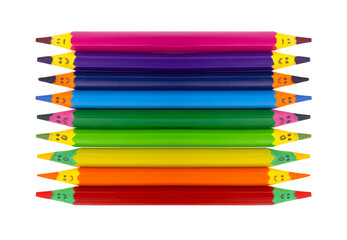 Rainbow colored wooden pencils with faces have many emotions