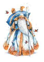 Watercolor illustration of Father Frost, Santa Claus, Joulupukki walking with a bag of gifts on his back on a transparent background