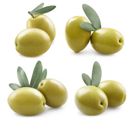 Collection of delicious green olives with leaves, isolated on white background