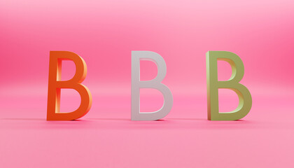 Pink studio background with three dimensional letter B in three colors.