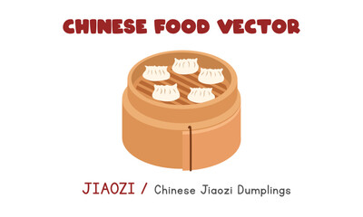 Chinese Jiaozi - Chinese Jiaozi Dumplings in a bamboo steamer flat vector design illustration, clipart cartoon style. Asian food. Chinese cuisine. Chinese food
