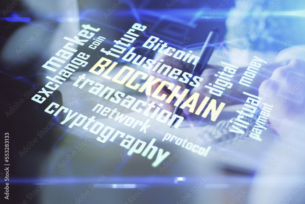 Poster cryptocurrency hologram, bitcoin, ico theme over hands taking notes background. concept of blockchai