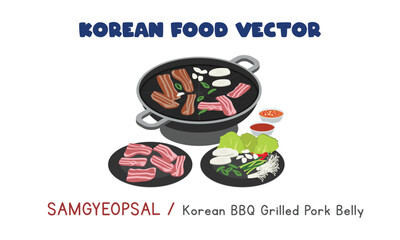 Korean Samgyeopsal - Korean BBQ Grilled Pork Belly flat vector design illustration, clipart cartoon style. Asian food. Korean cuisine. Korean food