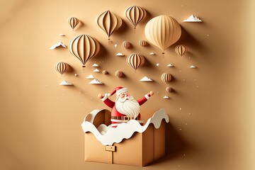 Paper art of Gift box dropping from Santa Claus, merry Christmas and happy new year celebration concept