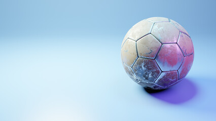 Soccer ball in goal on blue background, metal ball on blue background, 3d rendering