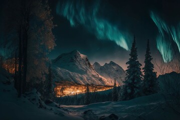 Aurora Winter Landscape Illustration - obrazy, fototapety, plakaty