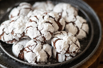 Homemade chocolate cookies with cracks.