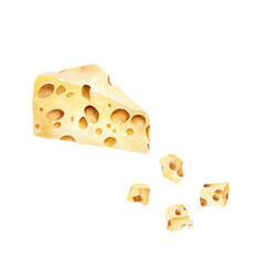 Set of yellow cheese piece with holes. Watercolor illustration isolated on white background
