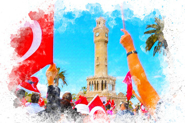 may 19th, april 23th, october 29th national day watercolor drawing in Izmir, Historical Clock Tower 