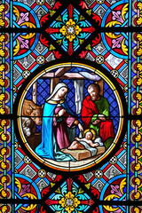 Nativity Scene. Stained glass window in the Cathedral. Basel, Switzerland - December 2022