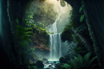 Breathtaking waterfall inside deep tropical forest