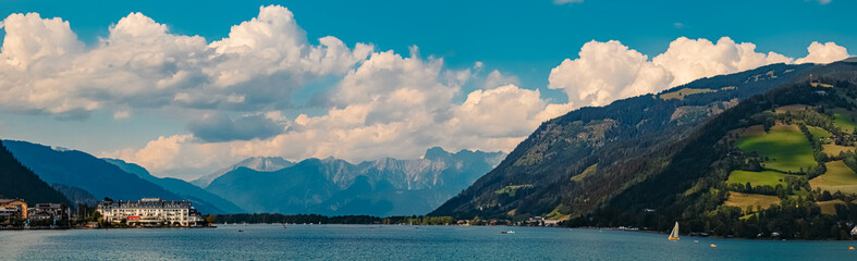 High resolution stitched panorama at the famous Zeller See lake, Zell am See, Salzburg, Austria