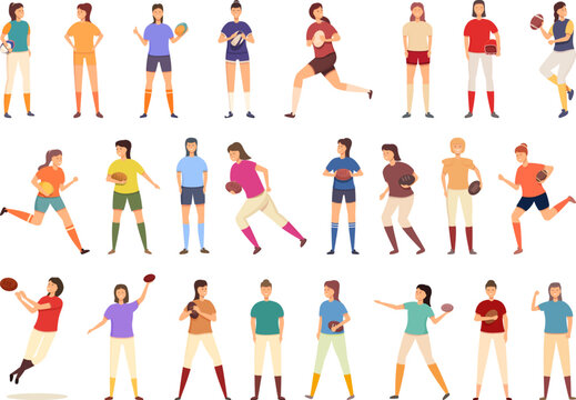 Woman Rugby Player icons set cartoon vector. Football girl. Sport team