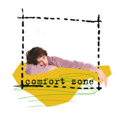 Contemporary art collage. Conceptual design. Desperate young boy suffering from depression,...