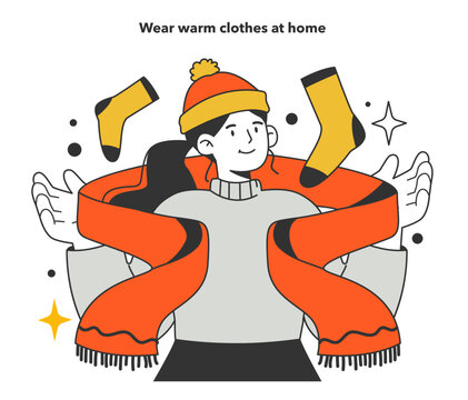 Wear warm clothes at home in emergency situation. Energy crisis