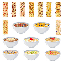 Granola with Dry Muesli and Cereal in Bowl with Milk and Bar Big Vector Set